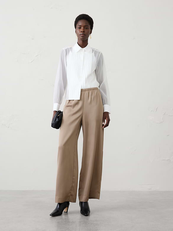 Wide-Leg High-Rise Pull-On Satin Pant