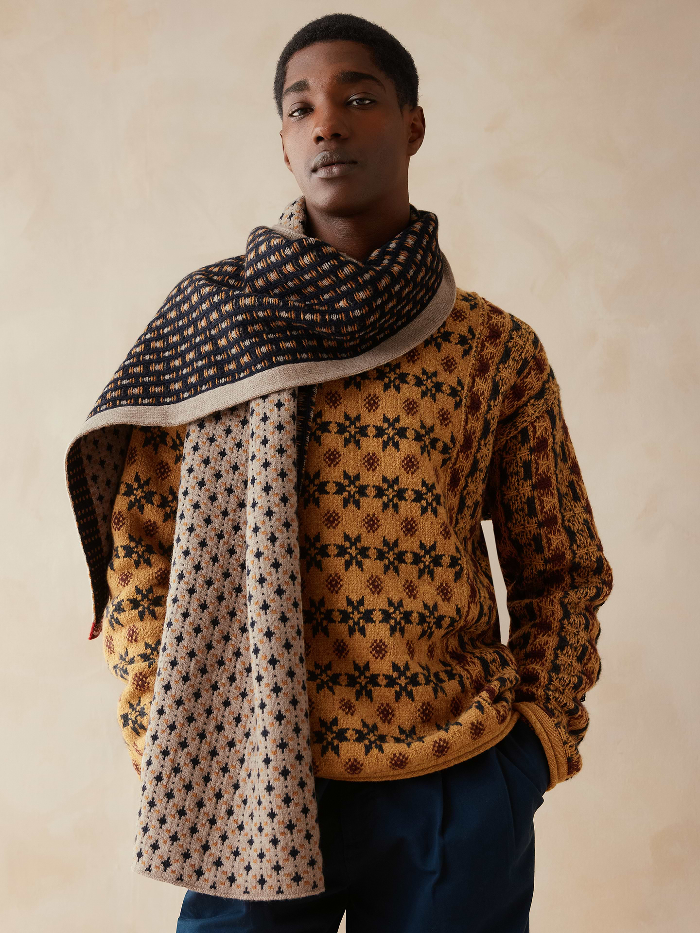 Image 1 of 4, Pick a side. This double-faced jacquard scarf is made from a Merino wool blend with a '60s-inspired pattern. Pair it with the matching sweater for a uniform vibe. Reversible ., Introducing our exclusive collaboration with ZANKOV. Future heirlooms that bring together our heritage details and the knitwear designer's vibrant textures., Fabric from Italy's Filpucci mill., Product #1187977