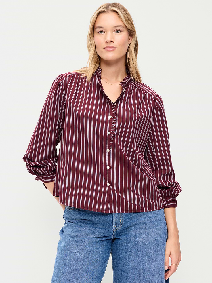 Image 2 of 4, Ruffle-Front Button-Down Shirt