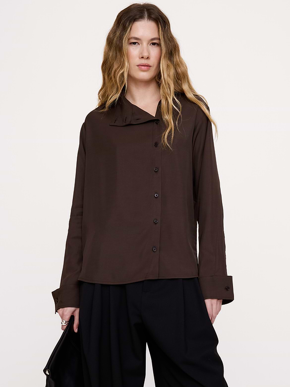 Drapey Twill Asymmetrical Button-Front Blouse