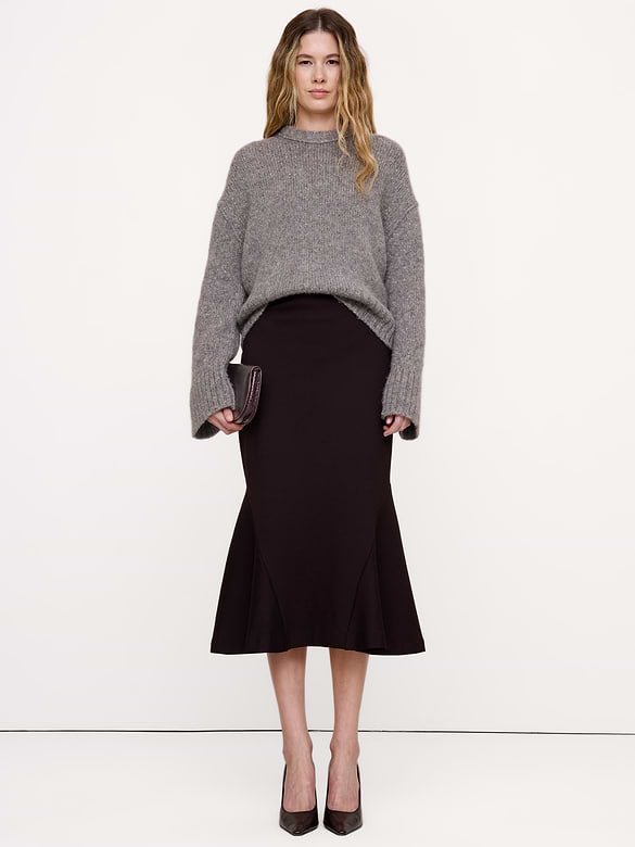Paneled Ponte Pull-On Midi Skirt