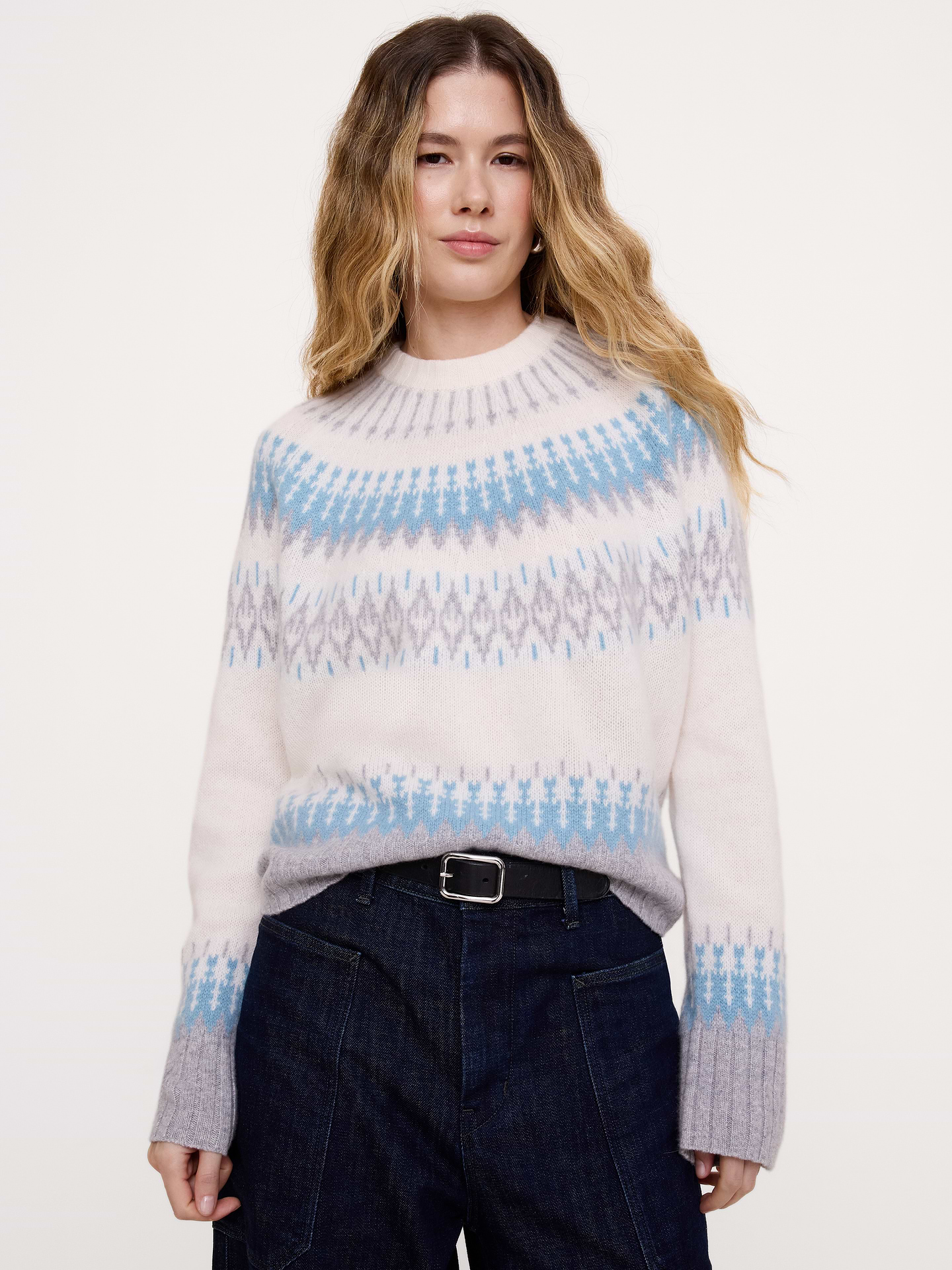 Image 1 of 4, Things we love about this sweater: the beautiful Fair Isle pattern and the soft handfeel of 100% cashmere. We kept the fit loose so it's easy to layer., Ultra-Oversized Fit: Lots of room through chest, shoulders, and waist. Dropped shoulder seam., Crew neck., Straight hem., Product #1189287