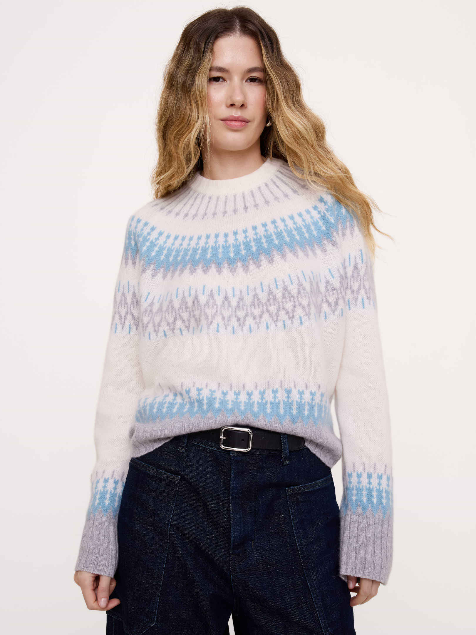 Image 1 of 4, Things we love about this sweater: the beautiful Fair Isle pattern and the soft handfeel of 100% cashmere. We kept the fit loose so it's easy to layer., Ultra-Oversized Fit: Lots of room through chest, shoulders, and waist. Dropped shoulder seam., Crew neck., Straight hem., Product #1189287
