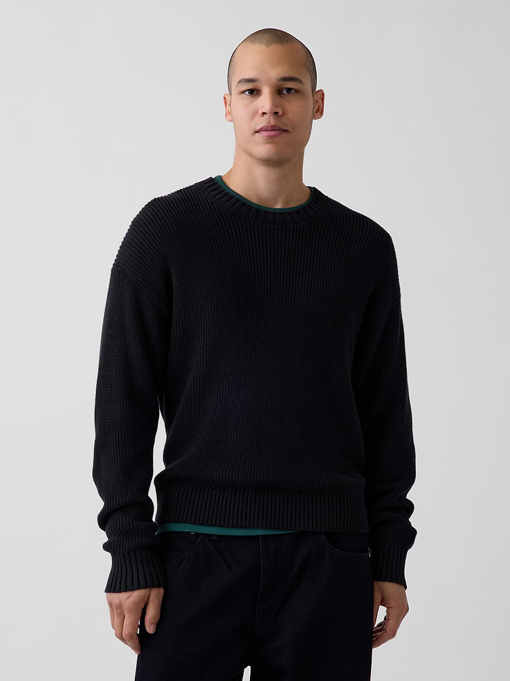 Image 1 of 5, Soft shaker-stitch knit cotton sweater. In a relaxed fit., Crewneck., Long sleeves with drop shoulders., Ribbed cuffs and hem., Product #907278