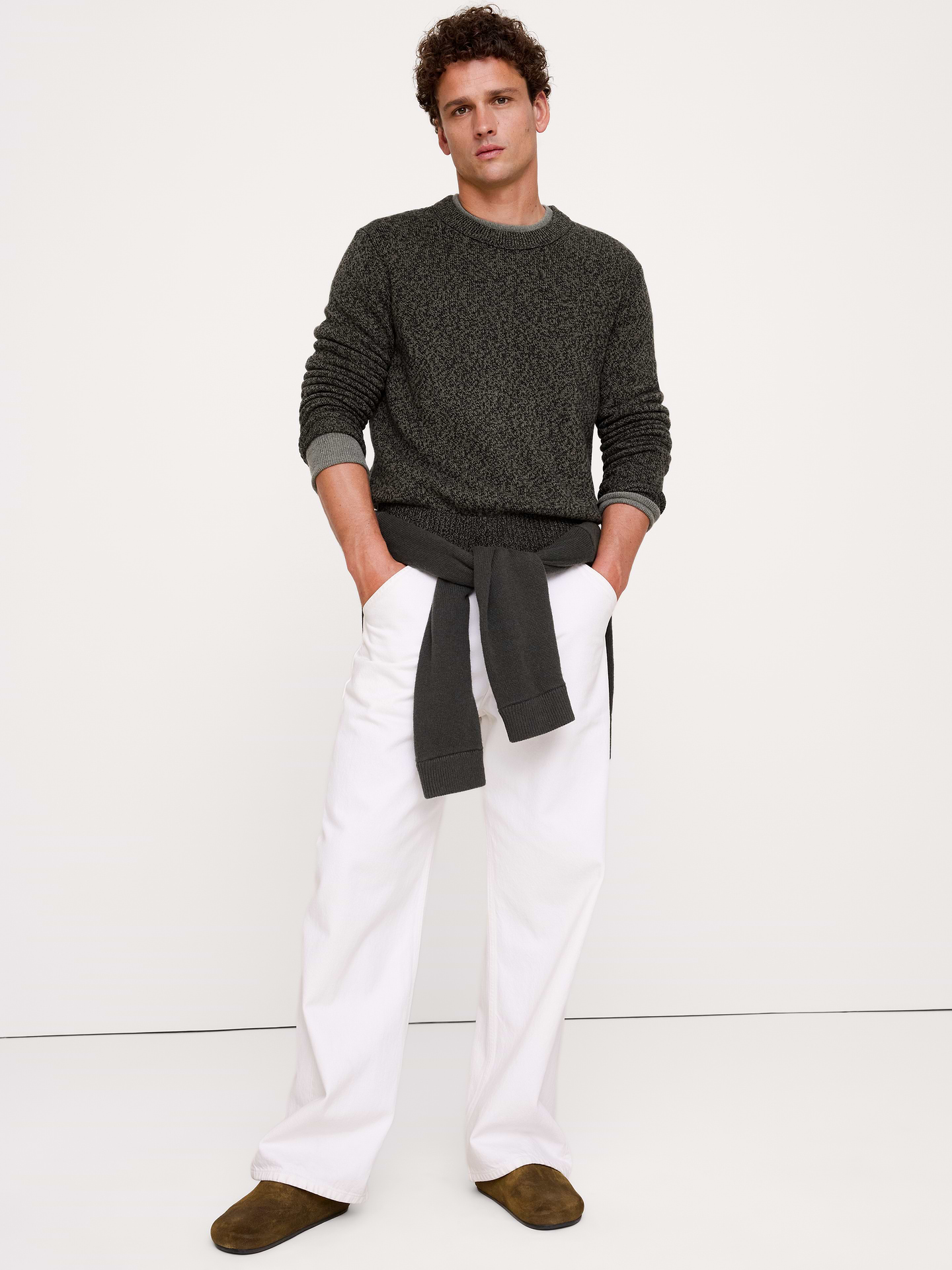 Image 8 of 8, Marled Italian Cotton-Cashmere Crew-Neck Sweater