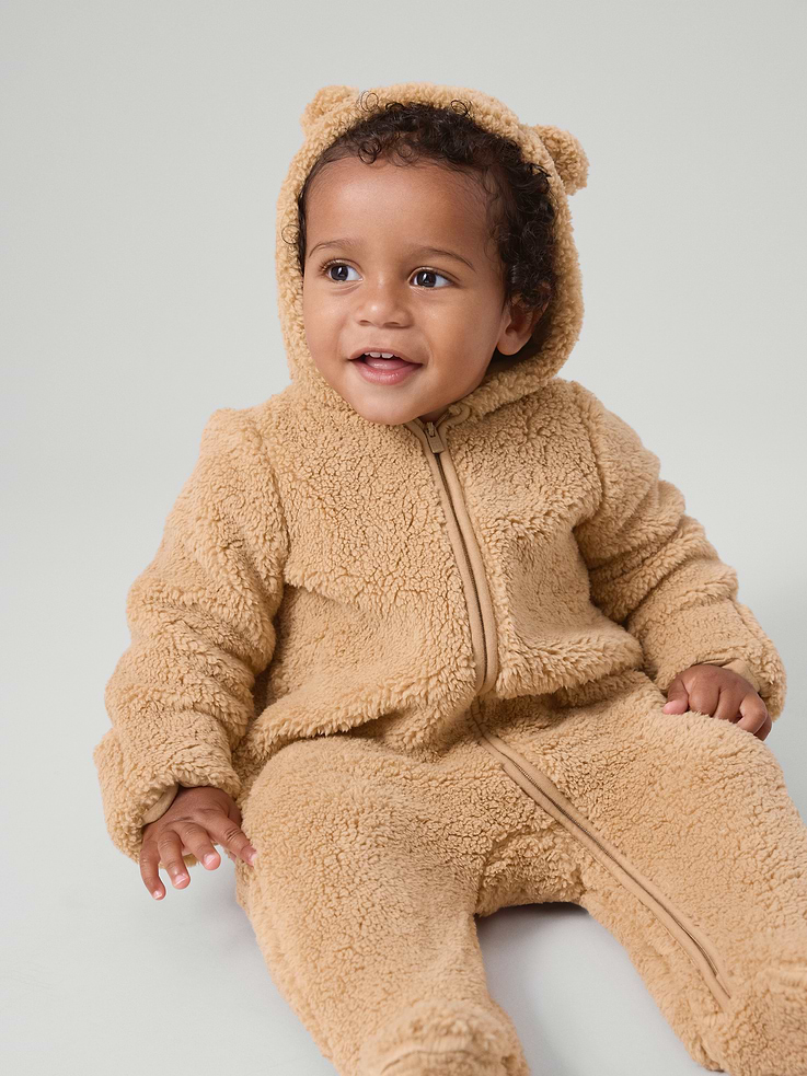 Image 1 of 4, Cozy sherpa knit., Long sleeves., Ear appliques at hood, zip front., Attached feet., Product #1177223
