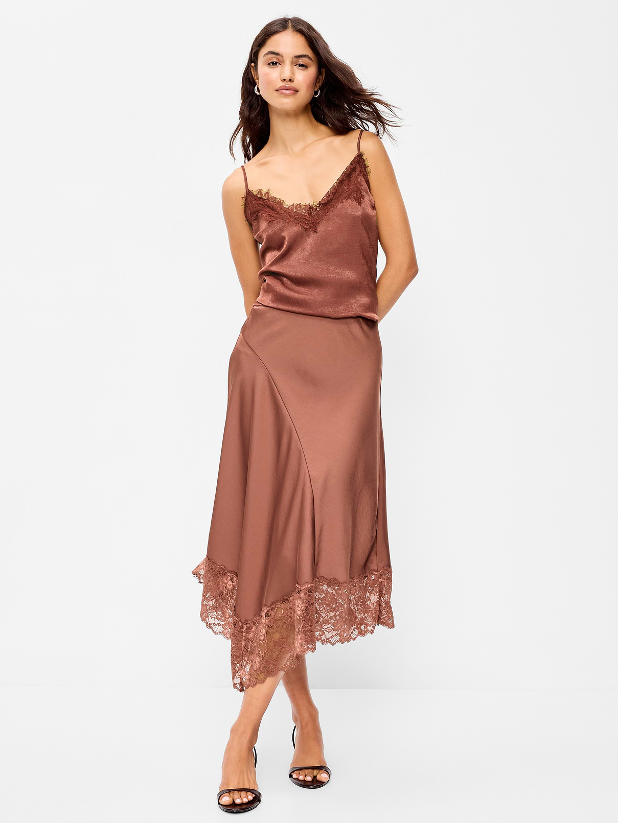 Satin Asymmetrical-Hem Midi Skirt