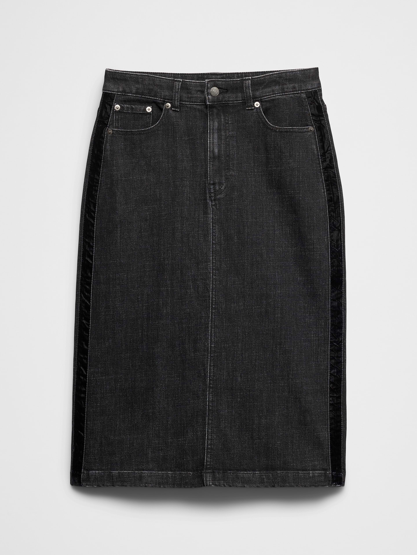 Image 4 of 4, Denim Velvet-Trim Midi Skirt