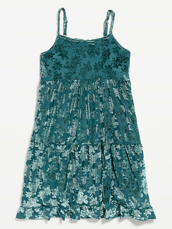 Sleeveless Fit and Flare Floral Velour Dress for Girls