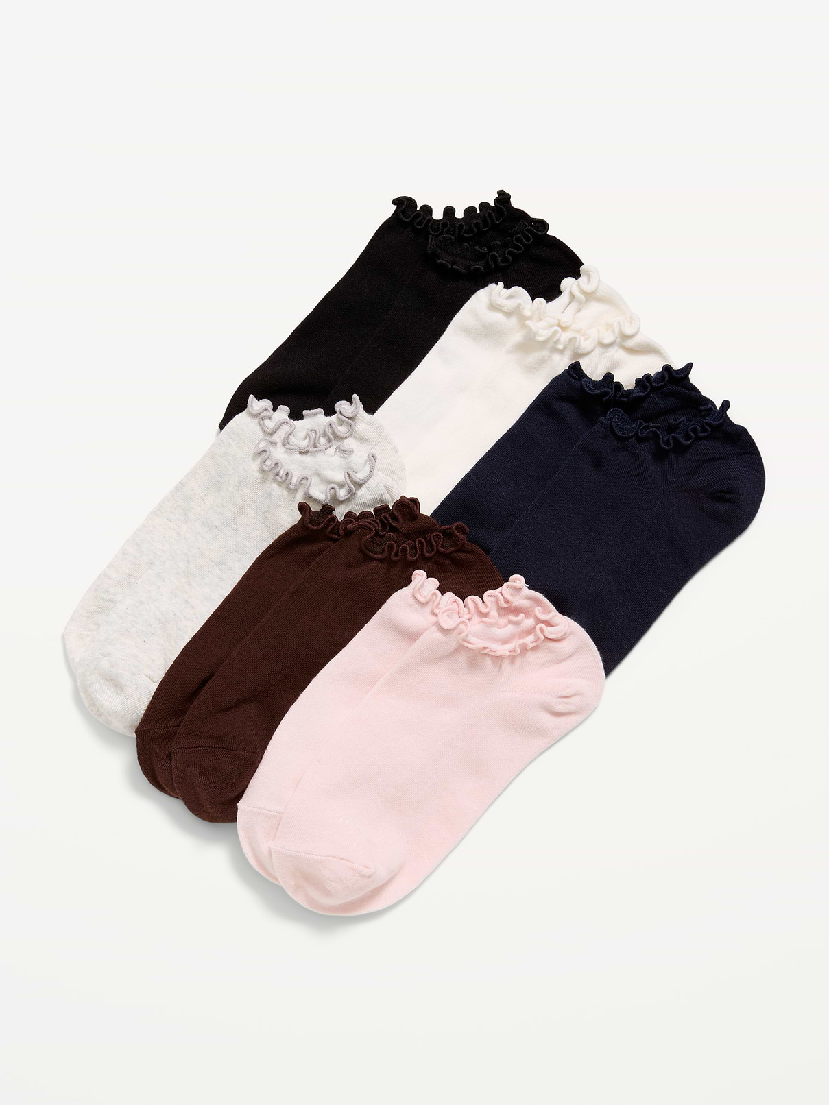 Image 1 of 1, includes 6 pairs of socks for women, ruffled openings, notched toe seams, Product #1183832