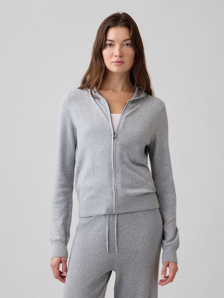 Image 1 of 5, Plush like cashmere. Easier than anything. With a lightweight layer-able feel & brushed for softness., Soft cotton-blend knit., Long sleeves with ribbed cuffs., Hood, zip front., Ribbed hem., Product #1179585