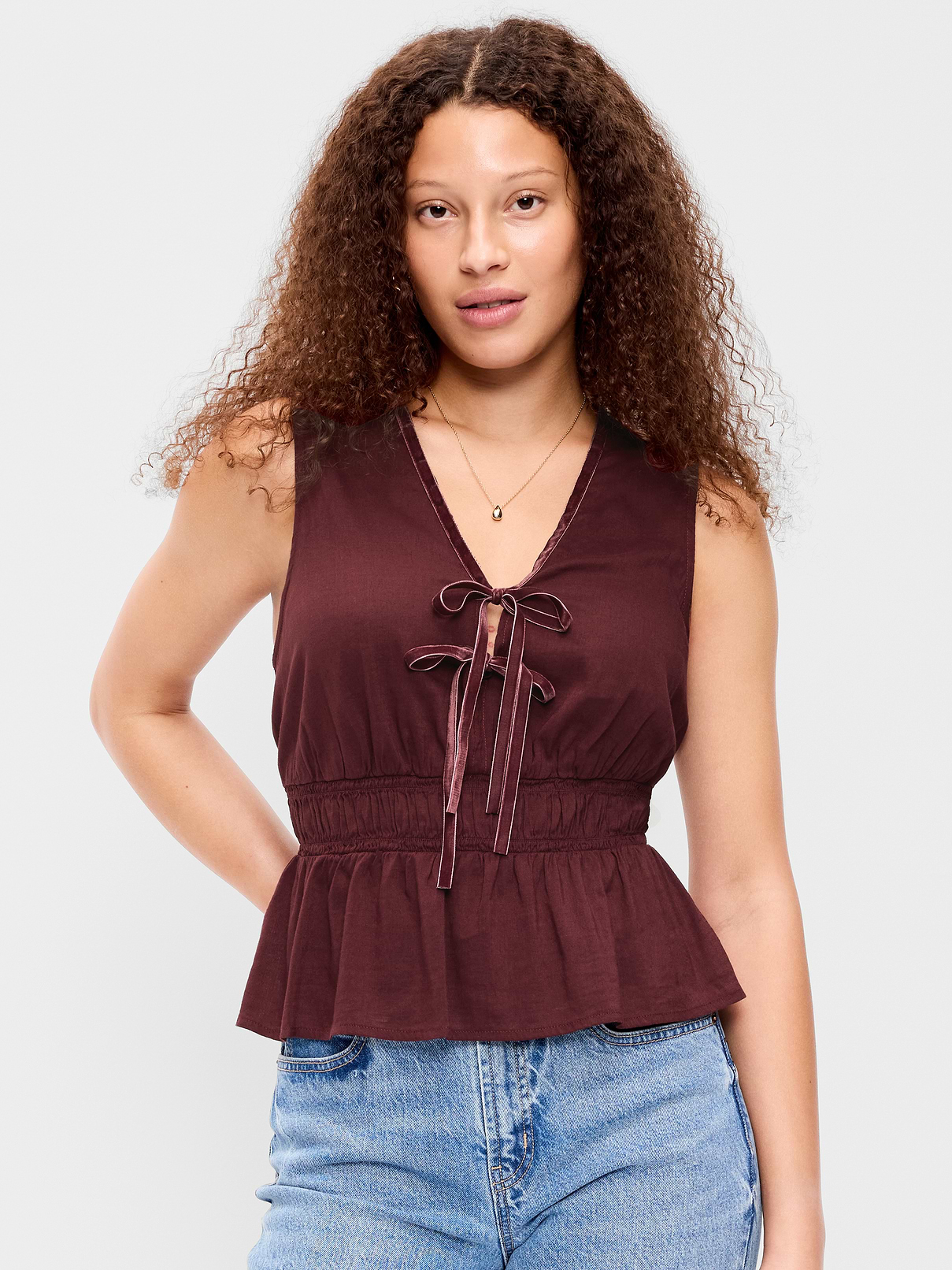 Sleeveless Velvet-Trim Tie-Front Peplum Top
