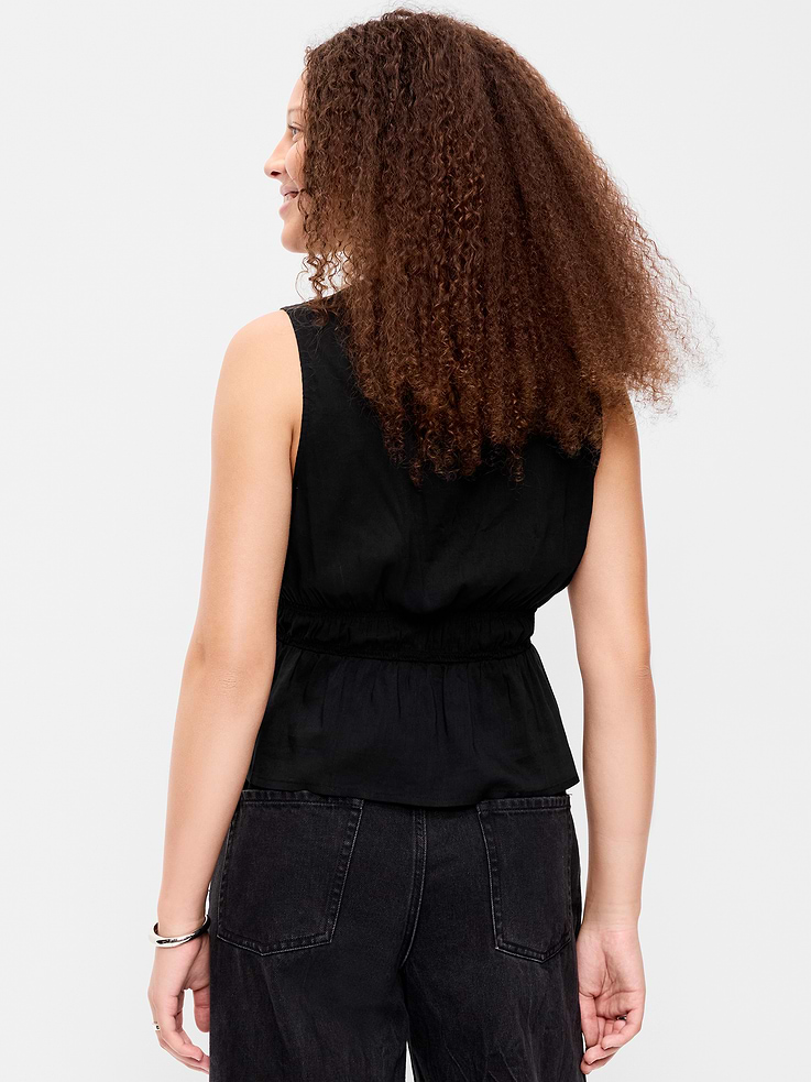 Image 2 of 5, Sleeveless Velvet-Trim Tie-Front Peplum Top
