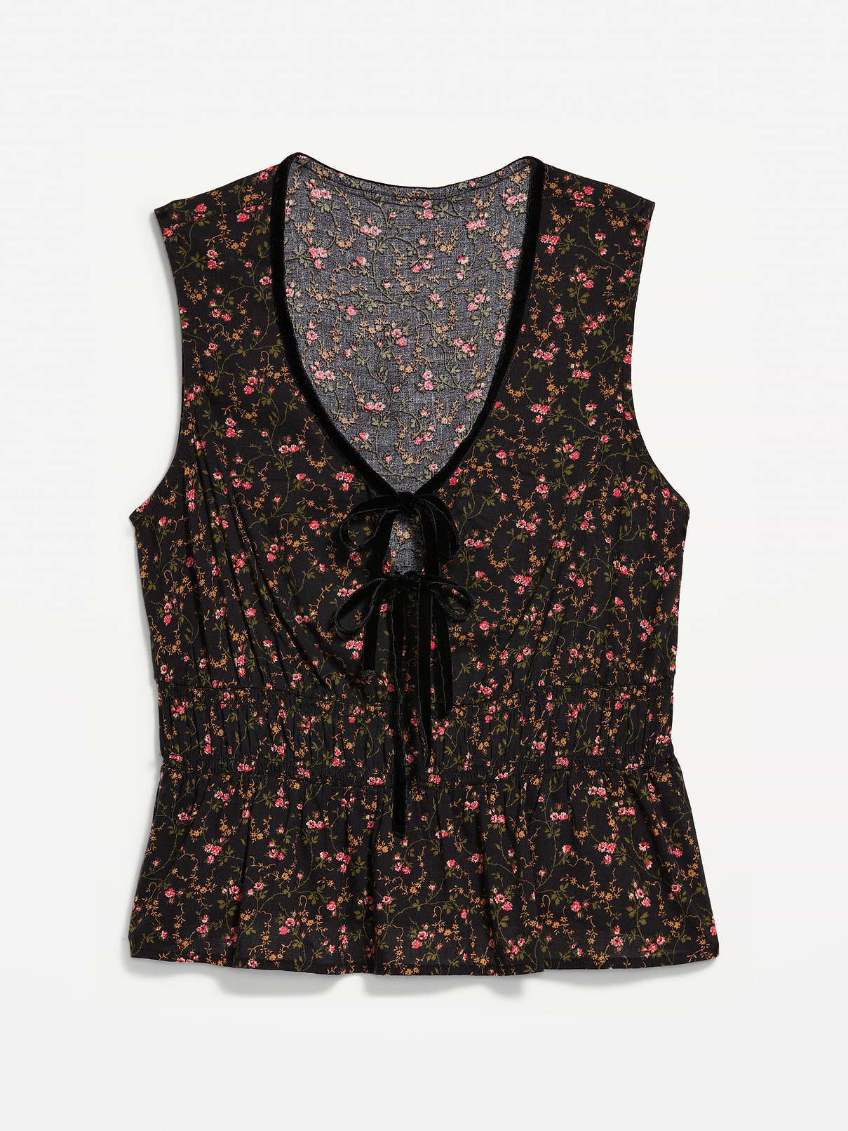 Image 2 of 2, Sleeveless Velvet-Trimmed Tie-Front Peplum Top