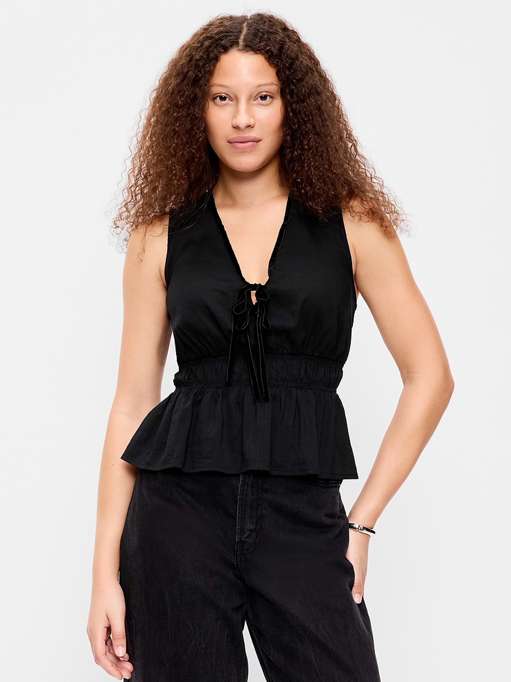 Image 1 of 5, v-neck, sleeveless, decorative velvet bows at front, velvet trim along neckline, smocked waist, peplum hem, Product #1185412