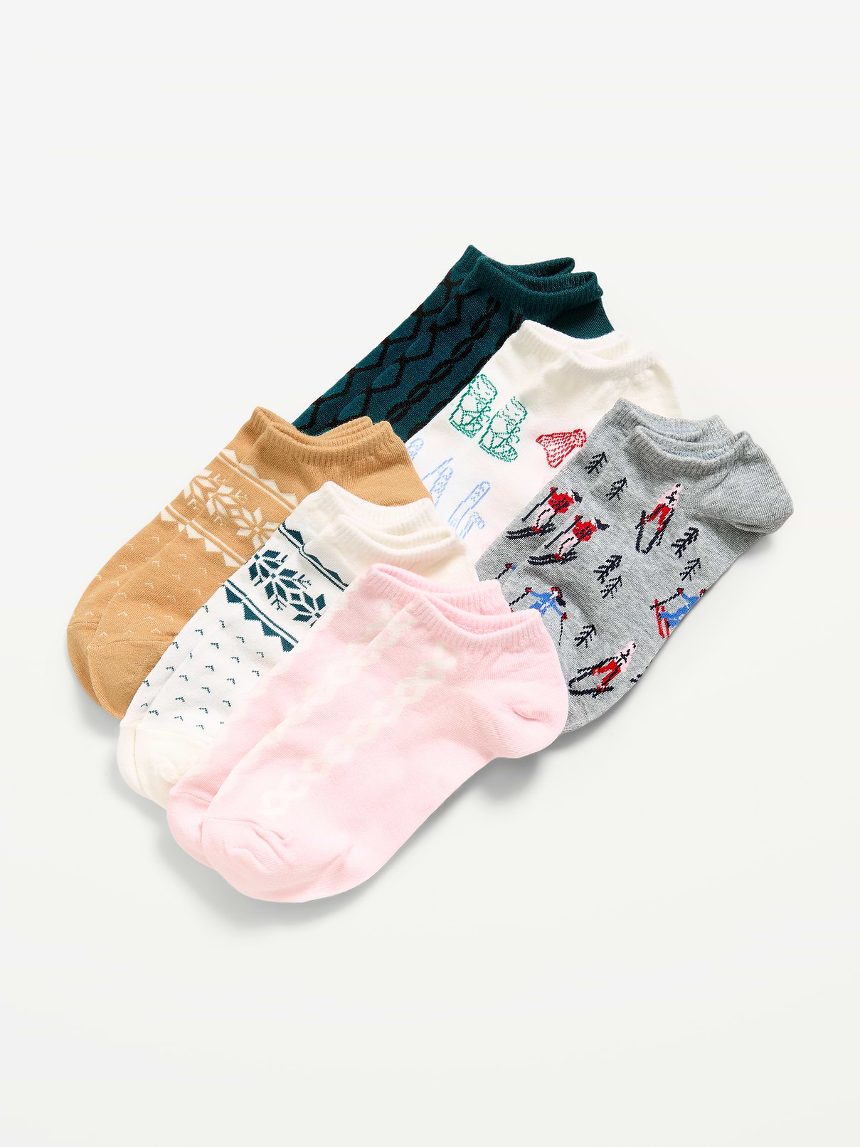 Image 1 of 2, includes 6 pairs of ankle socks, rib-knit openings, prints vary, Product #848392