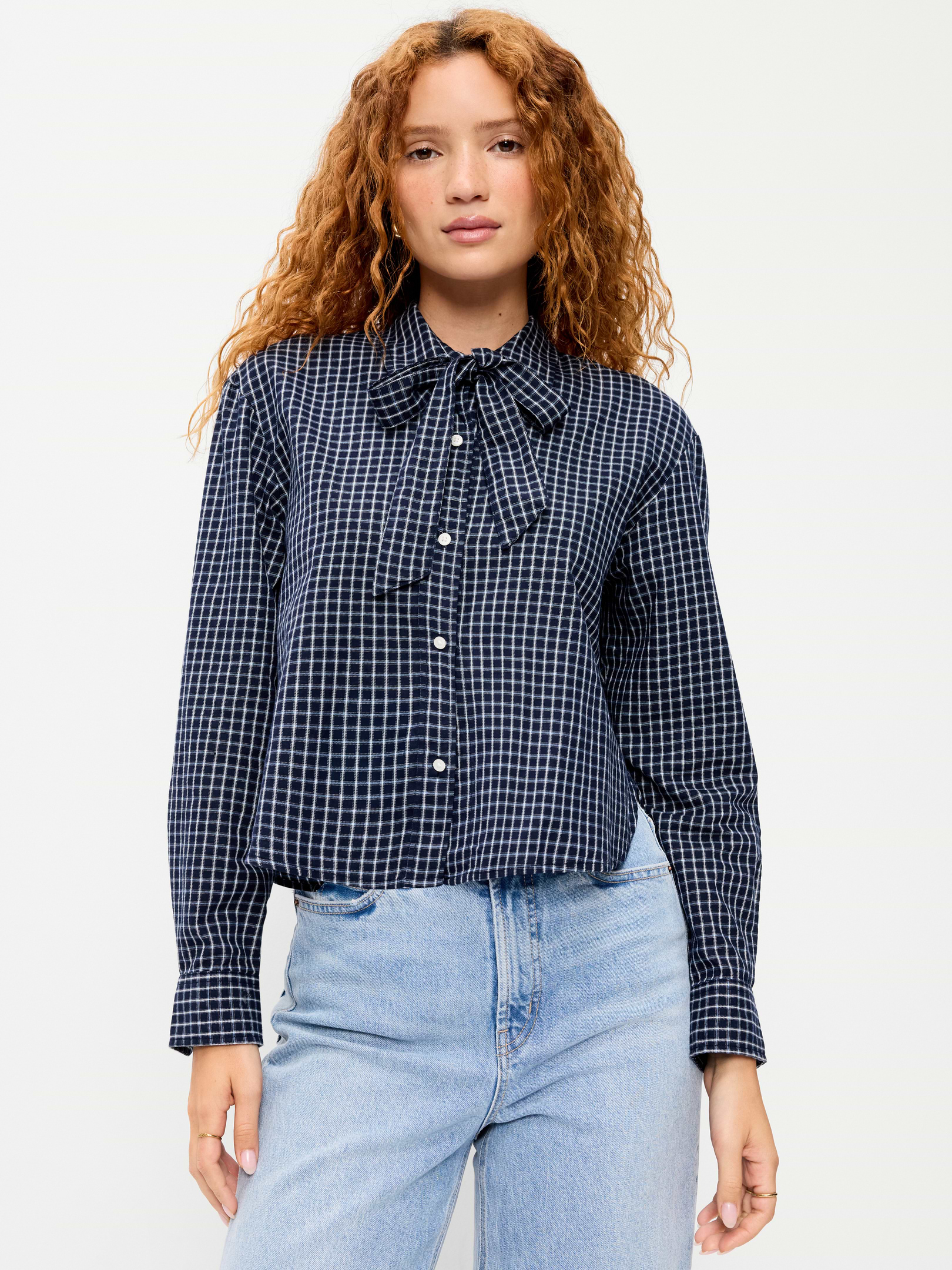 Image 1 of 4, spread collar, tie-neck detail, long sleeves, full-button front, button cuffs, Product #1184375