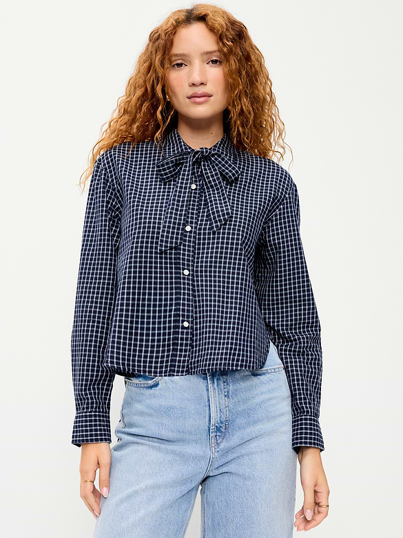 Long-Sleeve Tie-Neck Button-Down Shirt