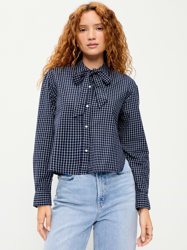 Image 1 of 4, spread collar, tie-neck detail, long sleeves, full-button front, button cuffs, Product #1184375