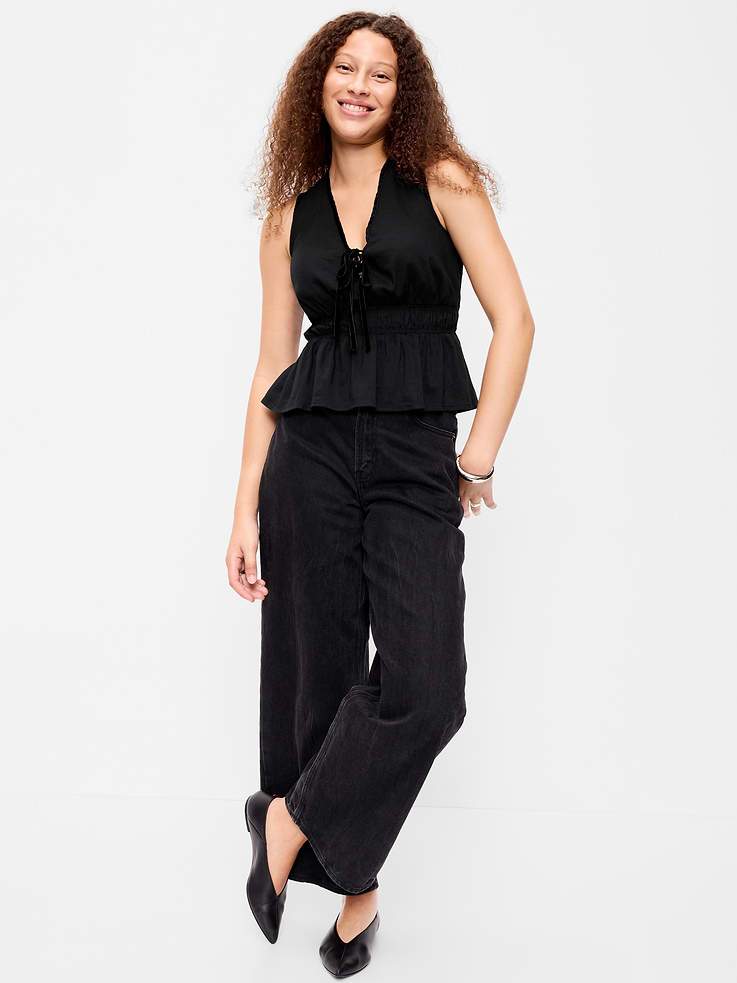 Image 3 of 5, Sleeveless Velvet-Trim Tie-Front Peplum Top