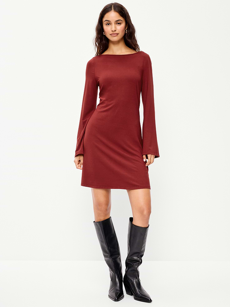 Image 1 of 9, boatneck, low scoop back, long flare sleeves, Product #911266