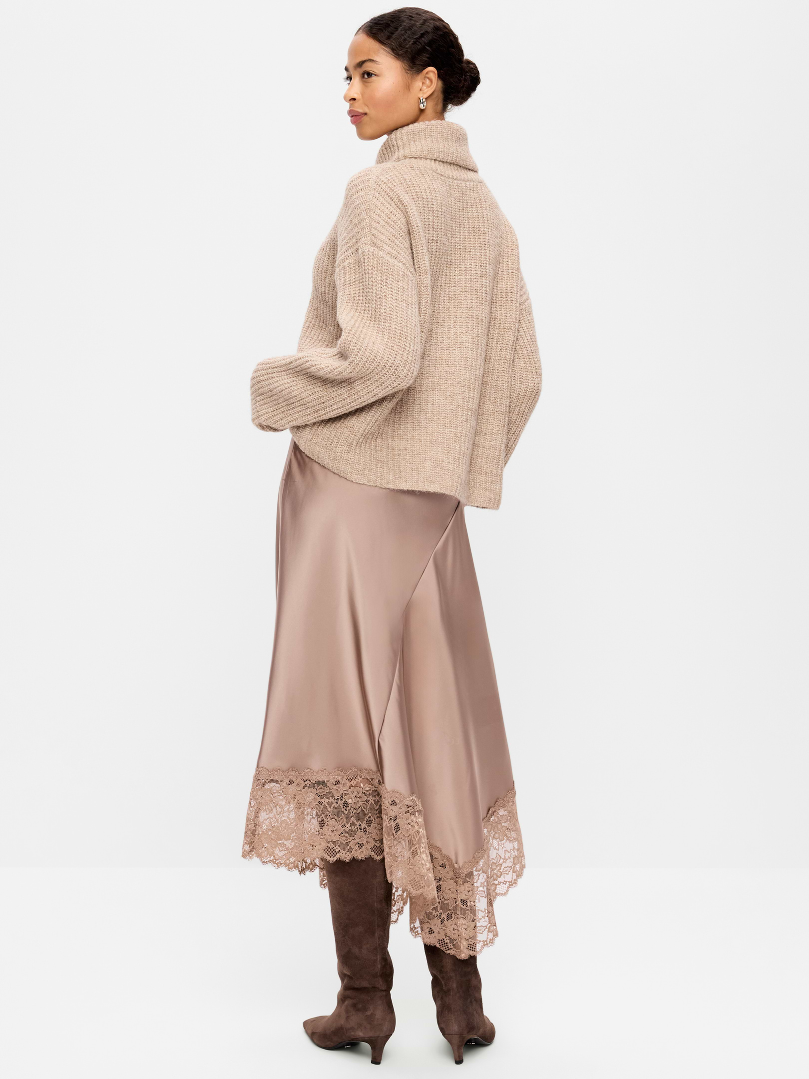 Image 3 of 7, Satin Asymmetrical-Hem Midi Skirt, New
