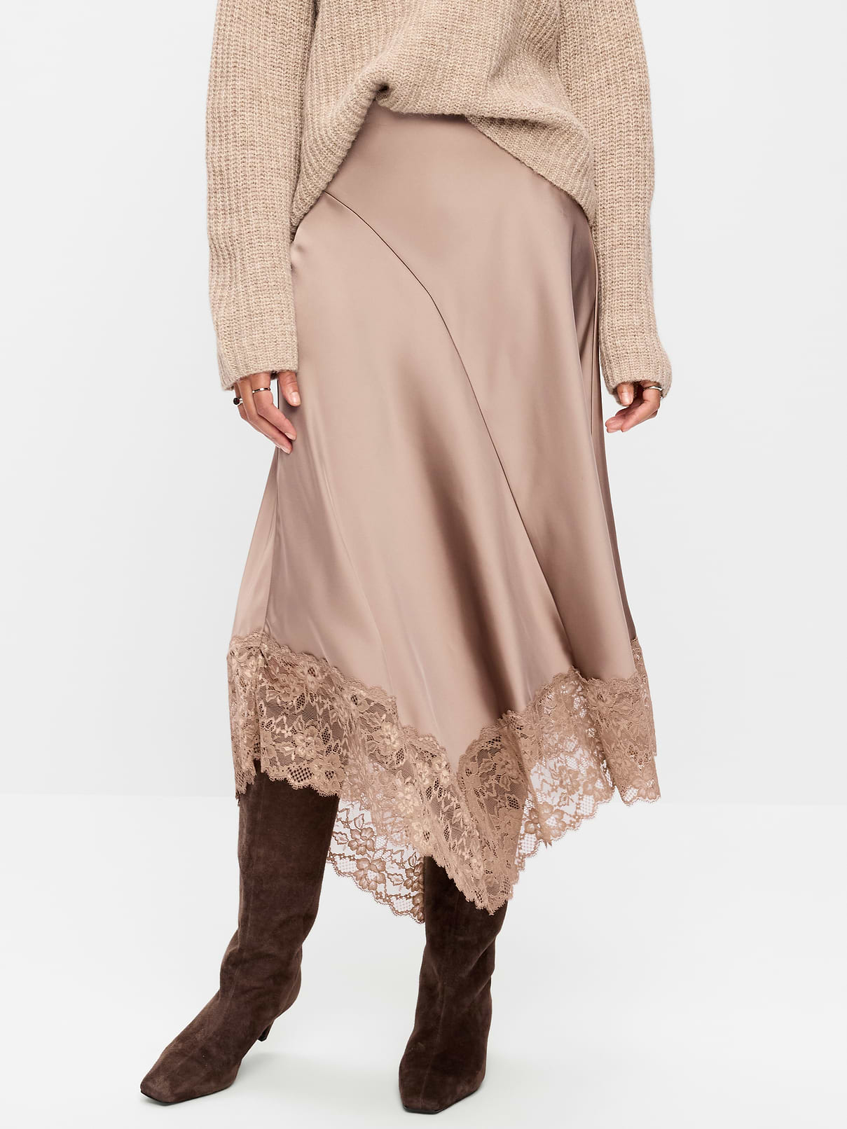 Image 2 of 7, Satin Asymmetrical-Hem Midi Skirt, New