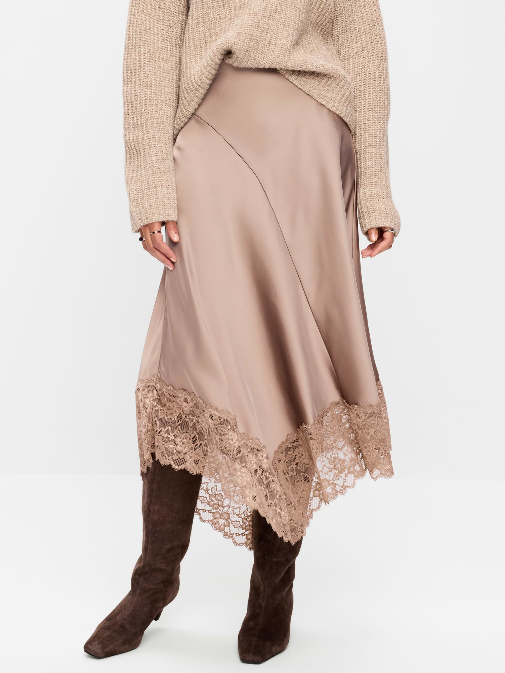 Image 2 of 7, Satin Asymmetrical-Hem Midi Skirt, New
