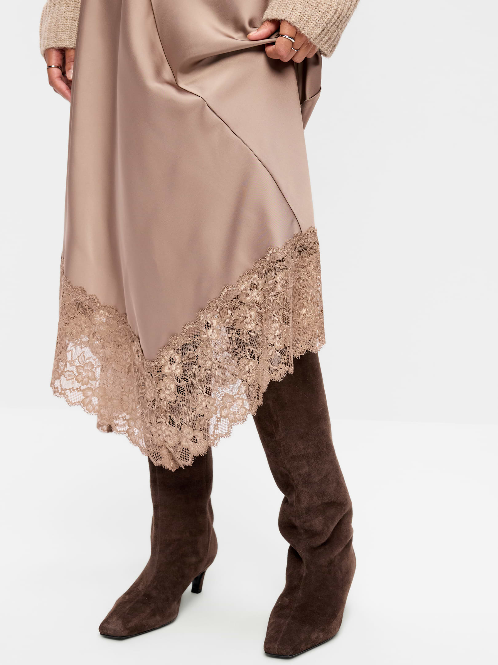 Image 5 of 7, Satin Asymmetrical-Hem Midi Skirt, New