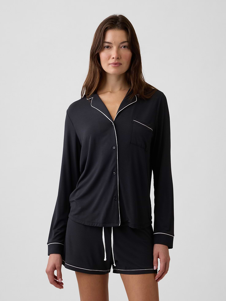 Image 1 of 4, Soft modal sleep shirt., Dropped shoulder, long sleeves with banded cuffs., Lapel collar, button front., Patch pocket at chest., Select styles have allover print or piping., This product was made in a factory that invests in gender equity and women’s empowerment through RISE. Learn more at, Product #1182056