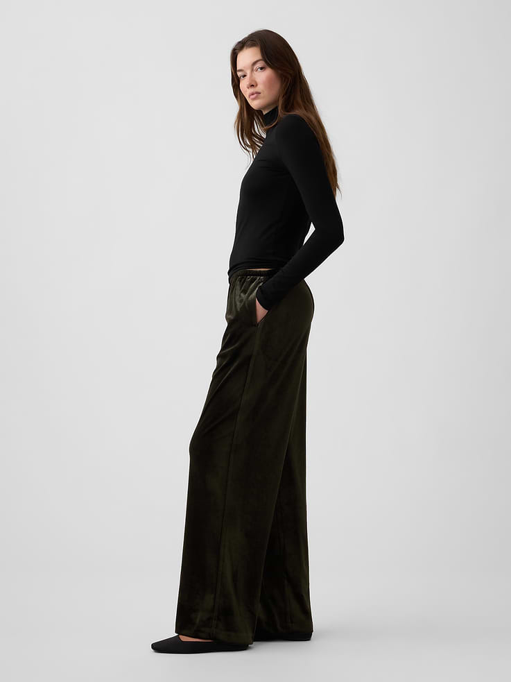 Image 3 of 7, Recycled Velour Pull-On Wide-Leg Pants
