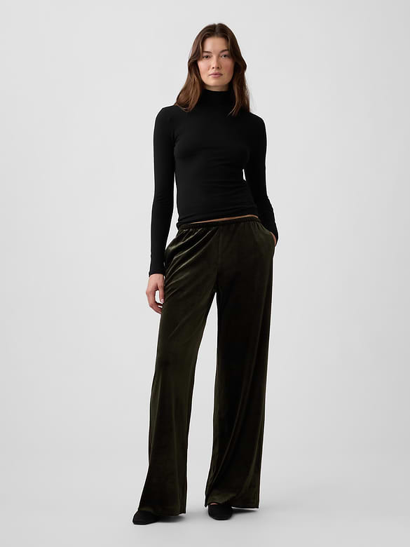 Recycled Velour Pull-On Wide-Leg Pants
