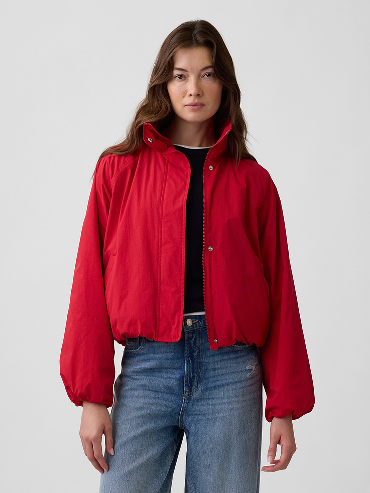 Image 1 of 5, Smooth water-resistant outer., Cozy fleece lining at body., Dropped shoulder, long sleeves with elasticized cuffs., Snap closures at stand collar, zip front., Front slant pockets., Elasticized hem., This product was made in a factory that invests in gender equity and women’s empowerment through RISE. Learn more at, Product #1185212