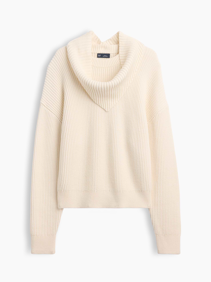 Image 1 of 2, Soft knit cotton sweater. In a relaxed fit., Crewneck with detachable scarf detail and button closure at back., Long sleeves with drop shoulders., Ribbed cuffs and hem., This product was made in a factory that invests in gender equity and women’s empowerment through RISE. Learn more at gapinc.com/equity ., Product #1186087