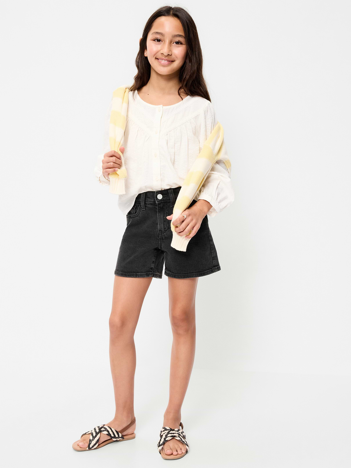 Image 3 of 5, High-Waisted Jean Midi Shorts for Girls