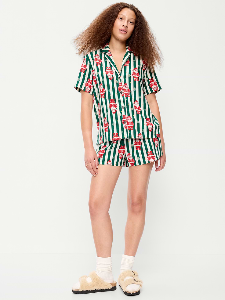 Image 1 of 7, set includes pajama shirt and matching shorts, notched collar, short sleeves, button front, elastic-waist shorts, Product #908780