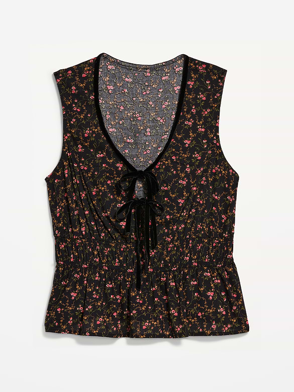 Sleeveless Velvet-Trimmed Tie-Front Peplum Top