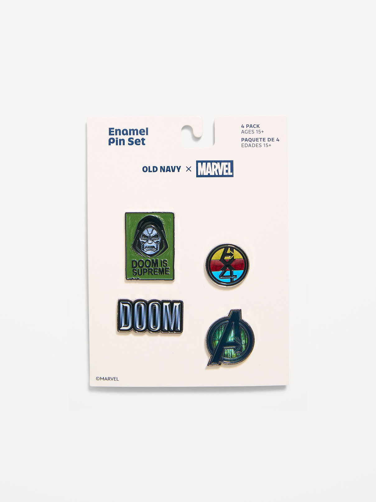 Image 1 of 1, Celebrate the highly anticipated Marvel Studios’ Avengers: Doomsday with this limited-edition set of collectible pins., Featuring four iconic Avengers emblems inspired by the film, this four-pack is the perfect way to show off your fandom. Style them on your favorite denim jacket, jean pocket, or denim bag—or add them to a hat, backpack, and more. Collect them, wear them, and get ready for Avengers: Doomsday, in theaters 12/18/2026., Product #1189557