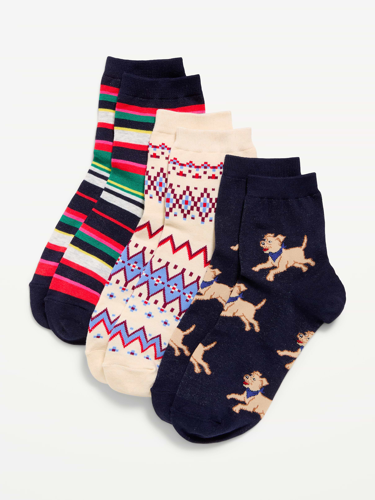 Image 1 of 2, includes 3 pairs of quarter crew socks, rib-knit openings, notched seams at toe and heel, prints and graphics vary, Product #587516