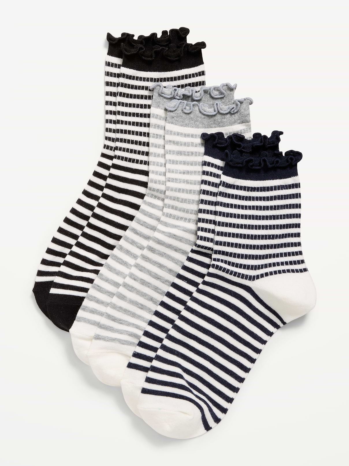 Image 1 of 2, includes 3 pairs of socks for women, ruffled openings, notched toe seams, Product #841573
