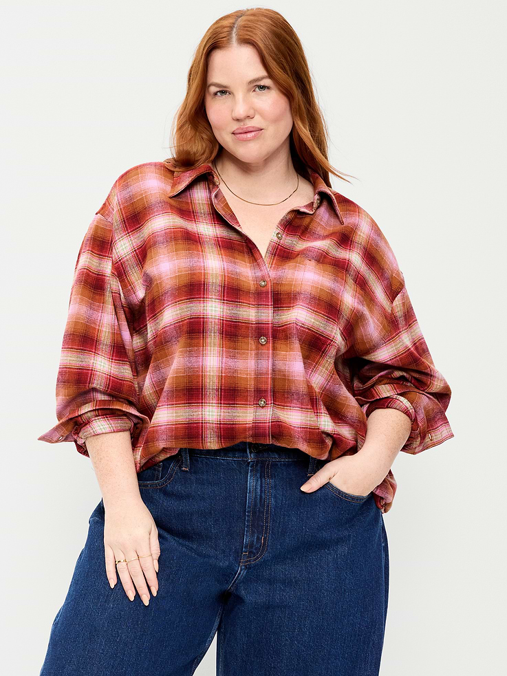 Image 7 of 8, Oversized Button-Down Boyfriend Flannel Shirt