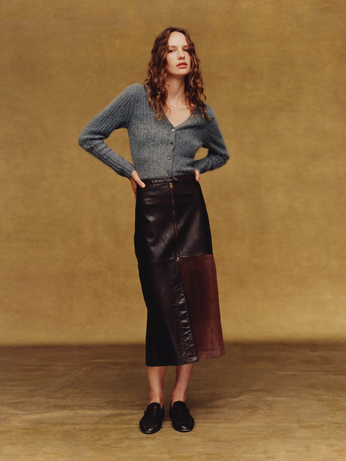 Image 1 of 4, We fell hard for this beautiful midi skirt. We love its paneled construction, which pairs rich, buttery leather with soft suede for texture and depth. Plus, it's a style modeled after one from our own archives., Introducing our exclusive collaboration with ZANKOV. Future heirlooms that bring together our heritage details and the knitwear designer's vibrant textures., Column Fit: High-rise. Fitted waist and hip with a straight skirt., Zip-front placket with snap closure., Center back vent., Lined., Product #1187955