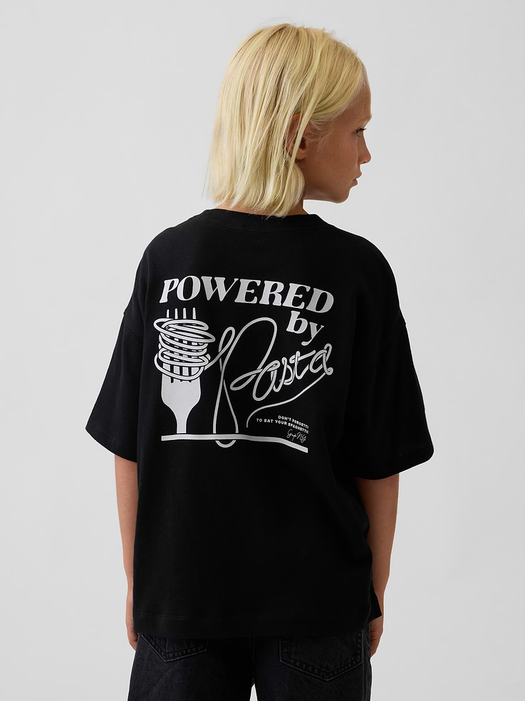 Image 1 of 5, Soft, heavyweight cotton jersey graphic T-shirt. In an oversized fit., Crewneck., Short sleeves with drop shoulders., Graphics at front and back., This product was made in a factory that invests in gender equity and women’s empowerment through RISE. Learn more at gapinc.com/equity ., Product #1184280