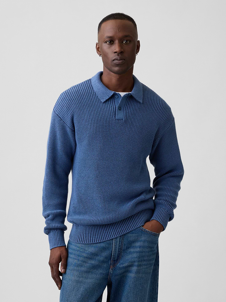 Image 1 of 5, Ribbed cotton knit., Dropped shoulder, long sleeves with ribbed cuffs., Spread collar, henley button front., Ribbed hem., This product was made in a factory that invests in gender equity and women’s empowerment through RISE. Learn more at, Product #1178479