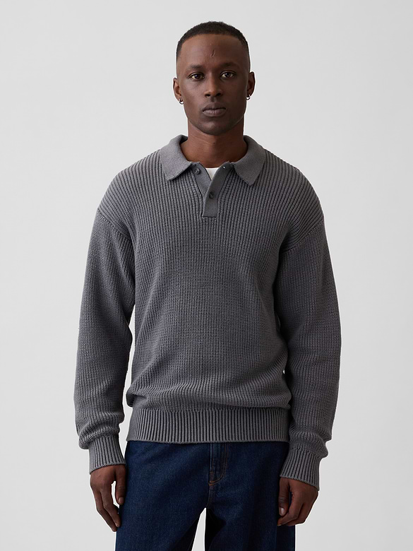 100% Cotton Relaxed Ribbed Polo Sweater