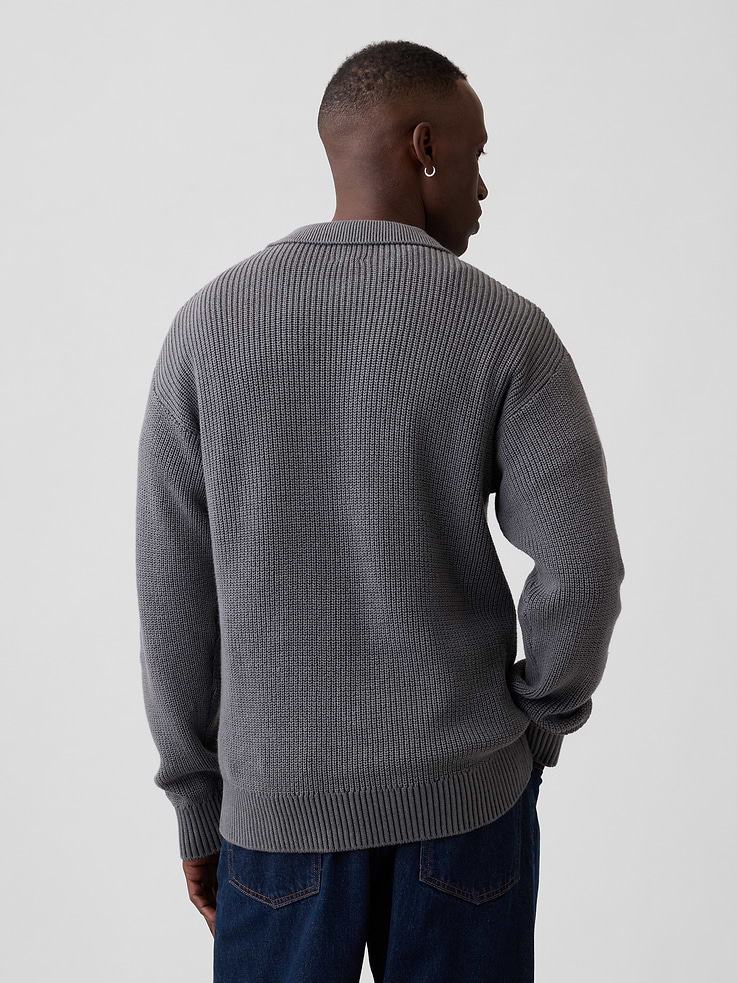 Image 2 of 5, 100% Cotton Relaxed Ribbed Polo Sweater