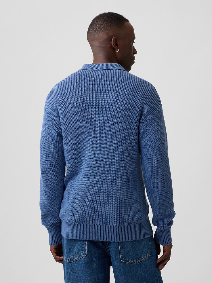 Image 2 of 5, 100% Cotton Relaxed Ribbed Polo Sweater