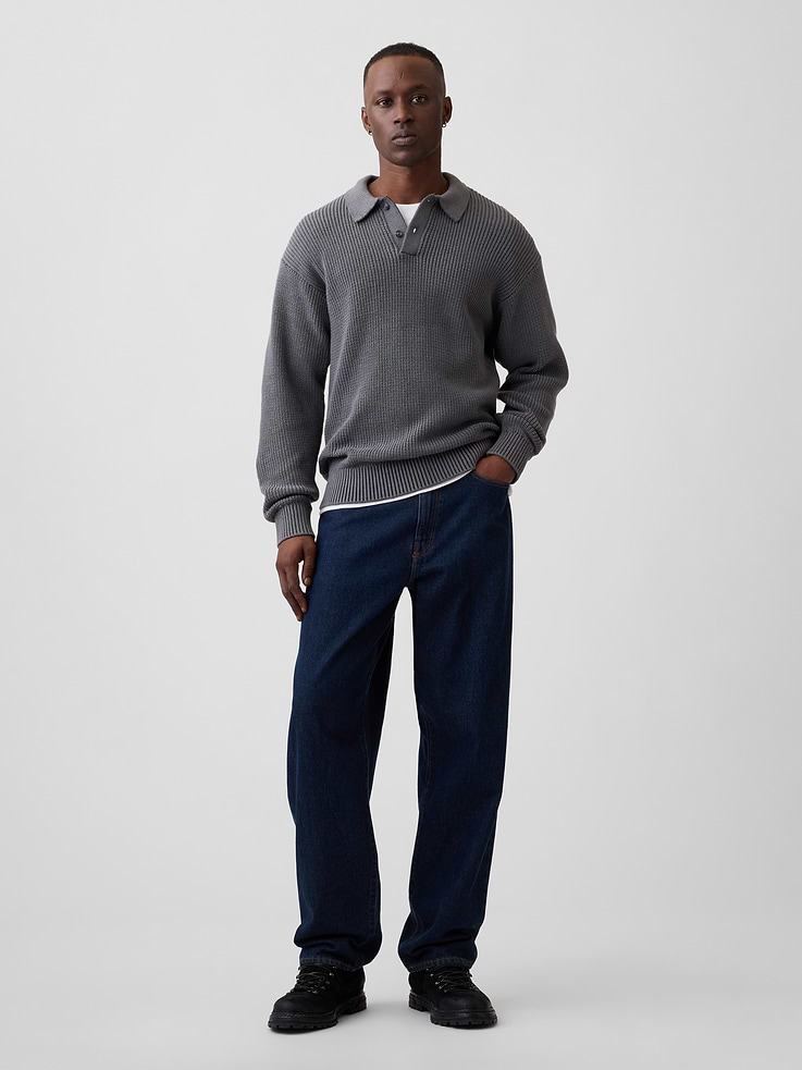 Image 3 of 5, 100% Cotton Relaxed Ribbed Polo Sweater