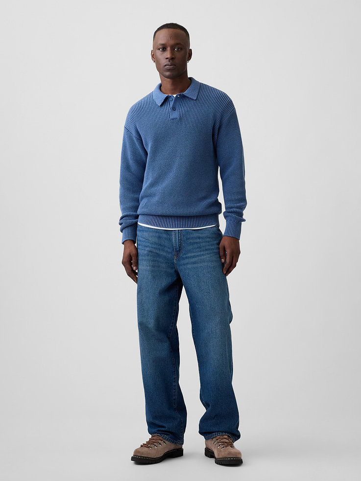 Image 3 of 5, 100% Cotton Relaxed Ribbed Polo Sweater