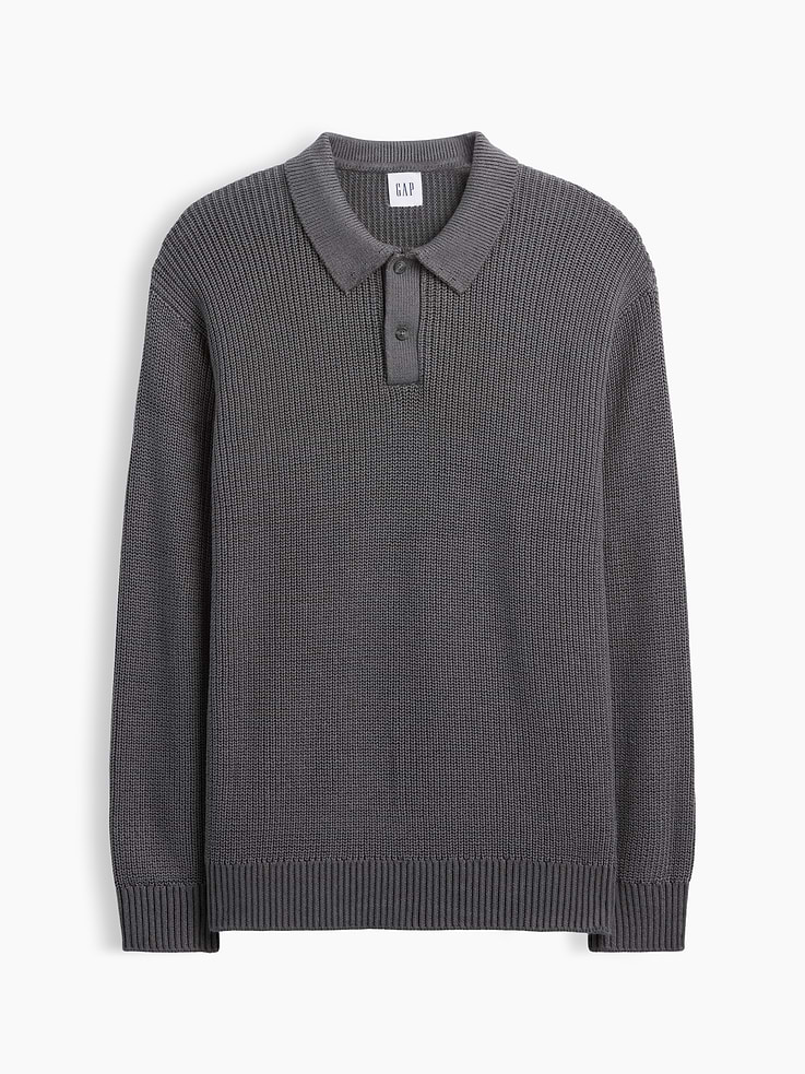 Image 4 of 5, 100% Cotton Relaxed Ribbed Polo Sweater